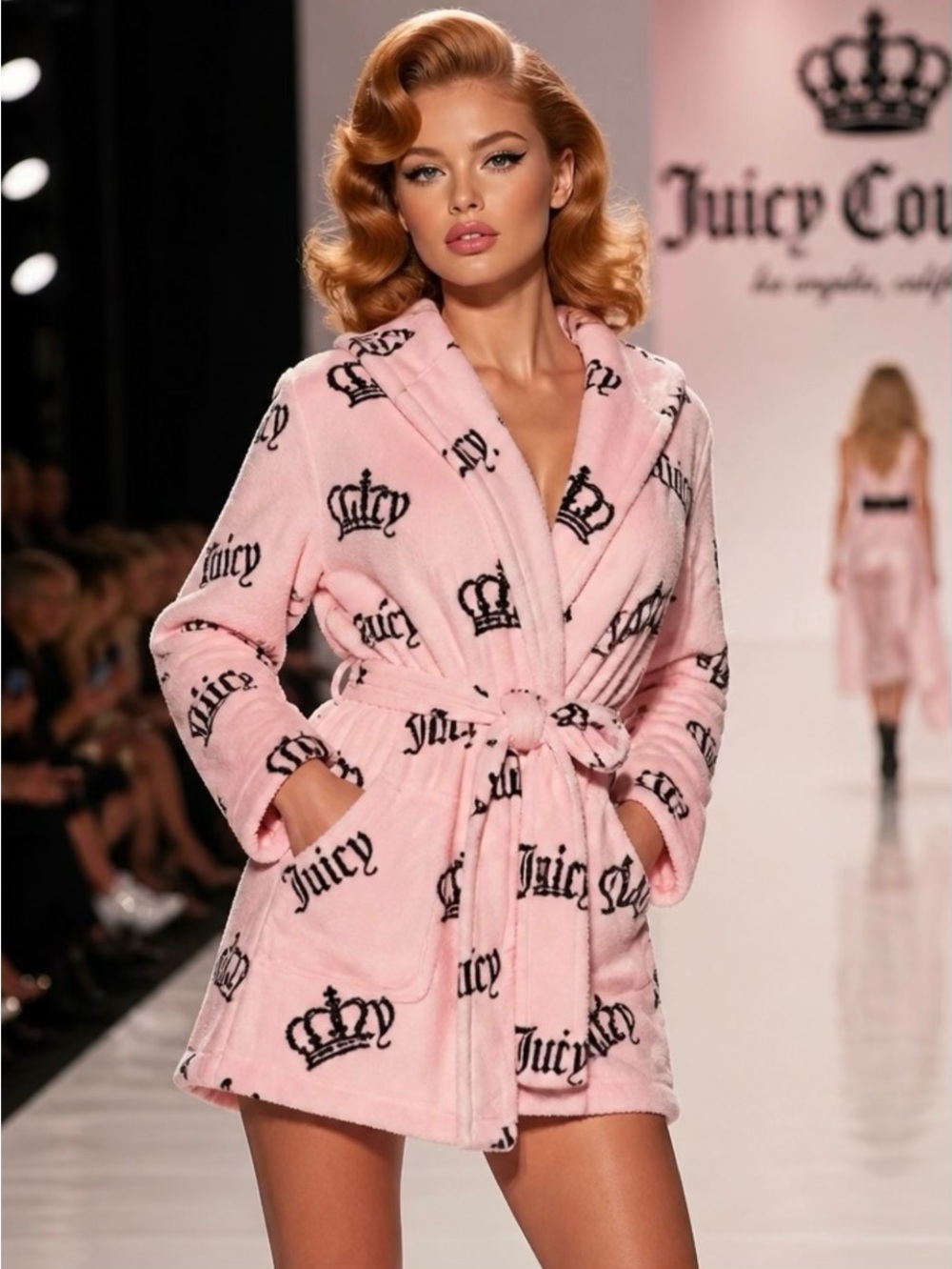 JUICY COUTURE Pink Plush Logo Short Robe with Crown Print🌸👑🌸
